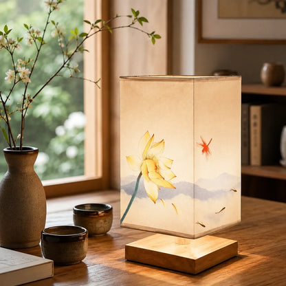 Table Lamp Flower-Shaped Fabric Shade Bamboo Base