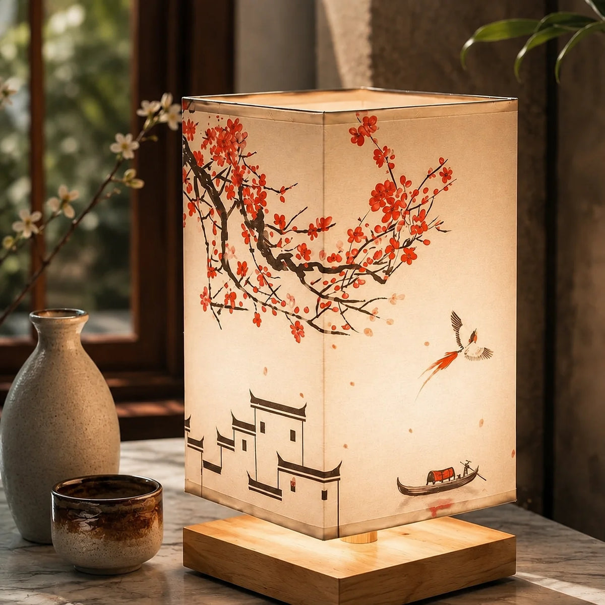Table Lamp Flower-Shaped Fabric Shade Bamboo Base