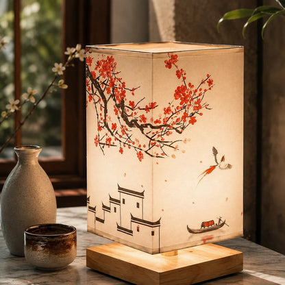 Table Lamp Flower-Shaped Fabric Shade Bamboo Base