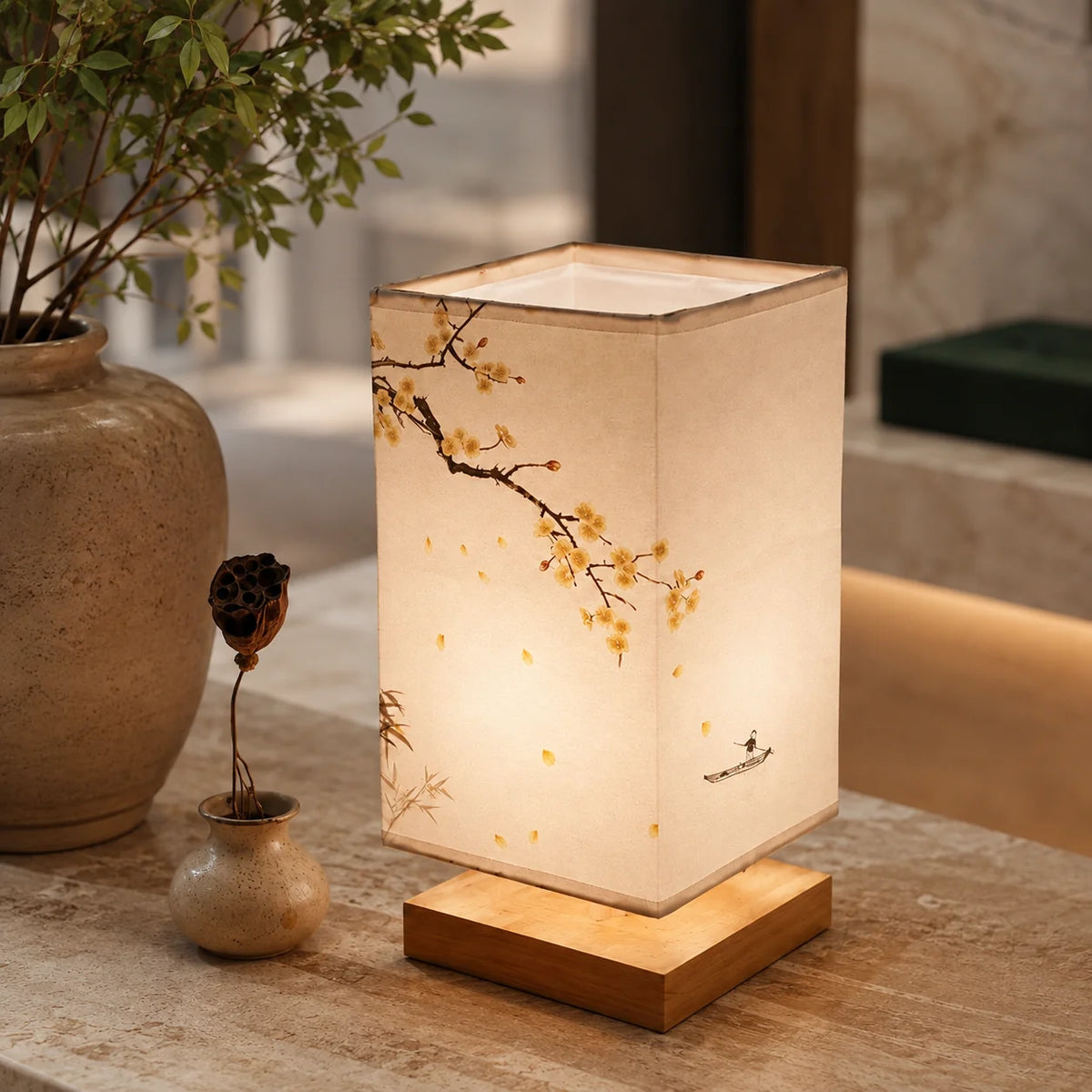 Table Lamp Flower-Shaped Fabric Shade Bamboo Base