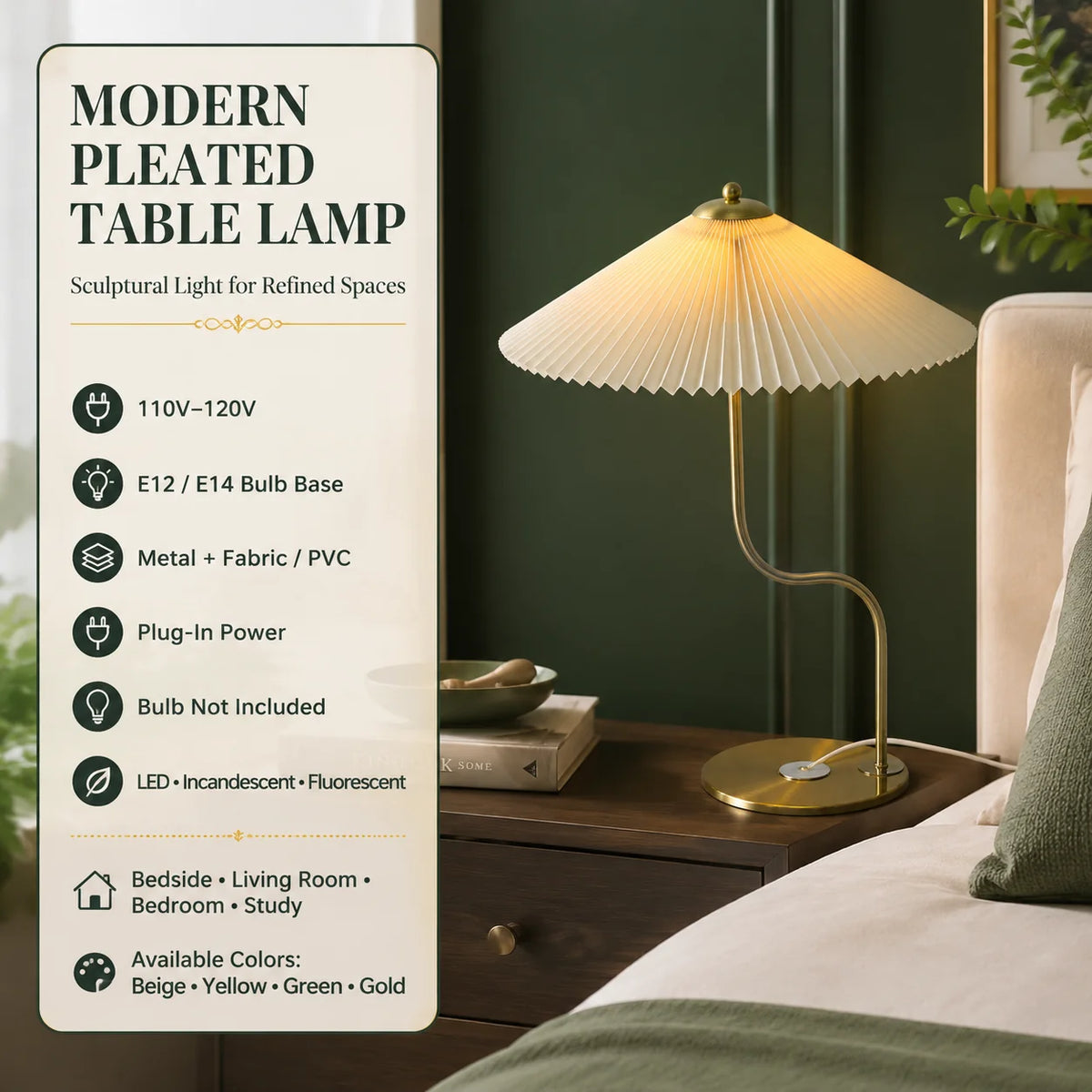 Table Lamp Pleated Fabric Shade USB Or Plug-In Power