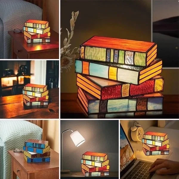 Table Lamp Stained Glass Stacked Books Design Tiffany-Style