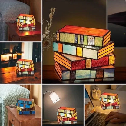 Table Lamp Stained Glass Stacked Books Design Tiffany-Style