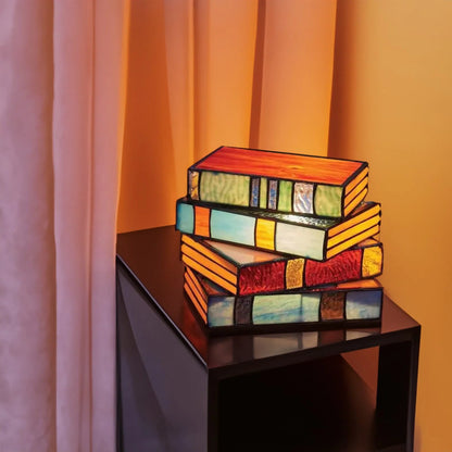 Table Lamp Stained Glass Stacked Books Design Tiffany-Style