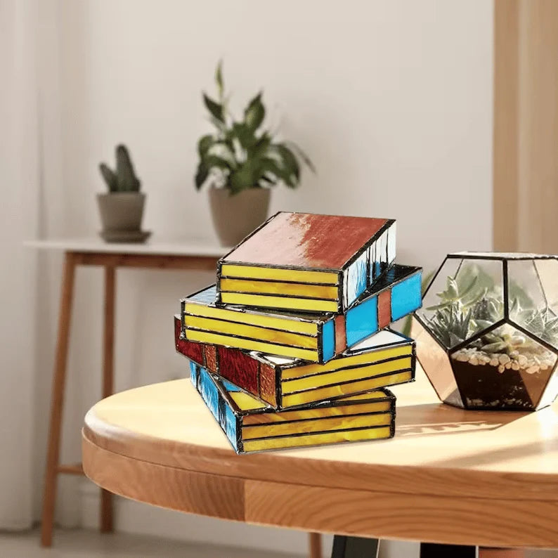 Table Lamp Stained Glass Stacked Books Design Tiffany-Style