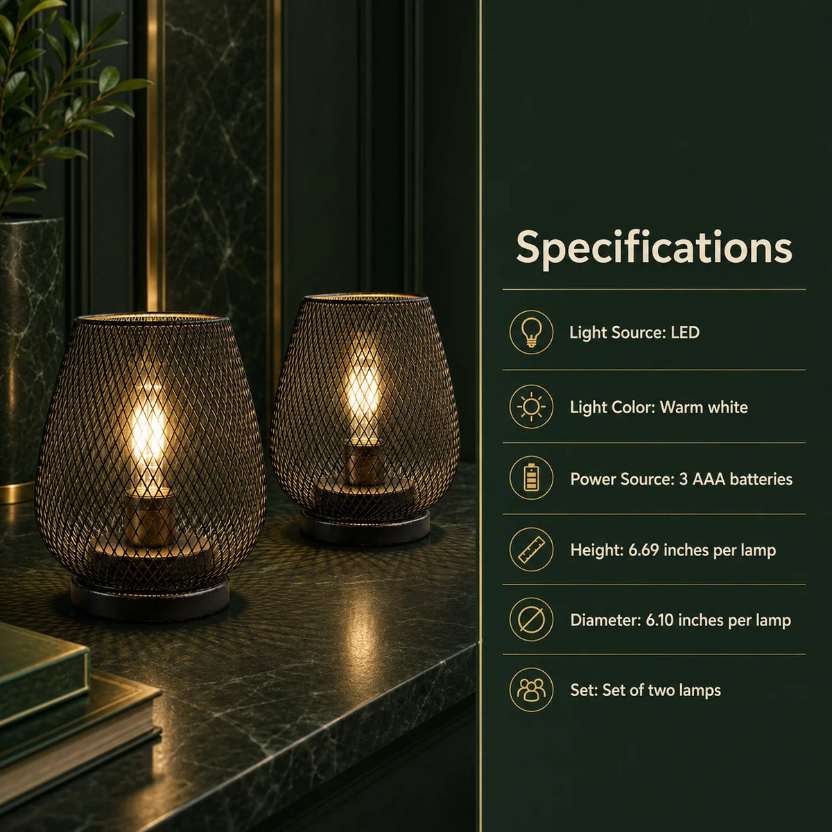 Table Lamps Cordless Mesh Shade Set of 2