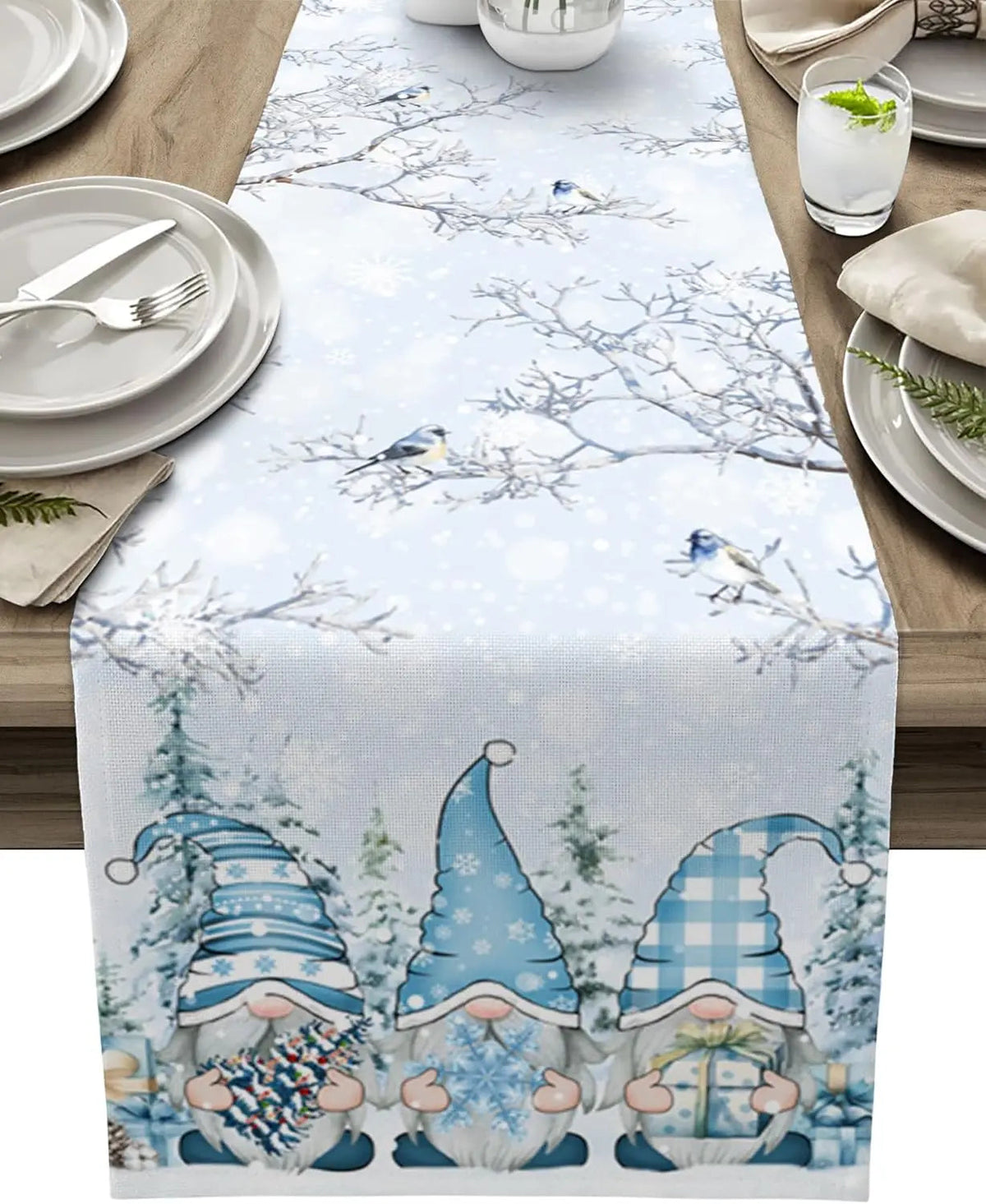 Table Runner 100% Linen Snowflake & Gnome Design