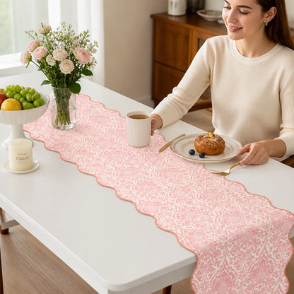 Table Runner Baroque Damask Wavy Hem Cotton-Polyester Blend
