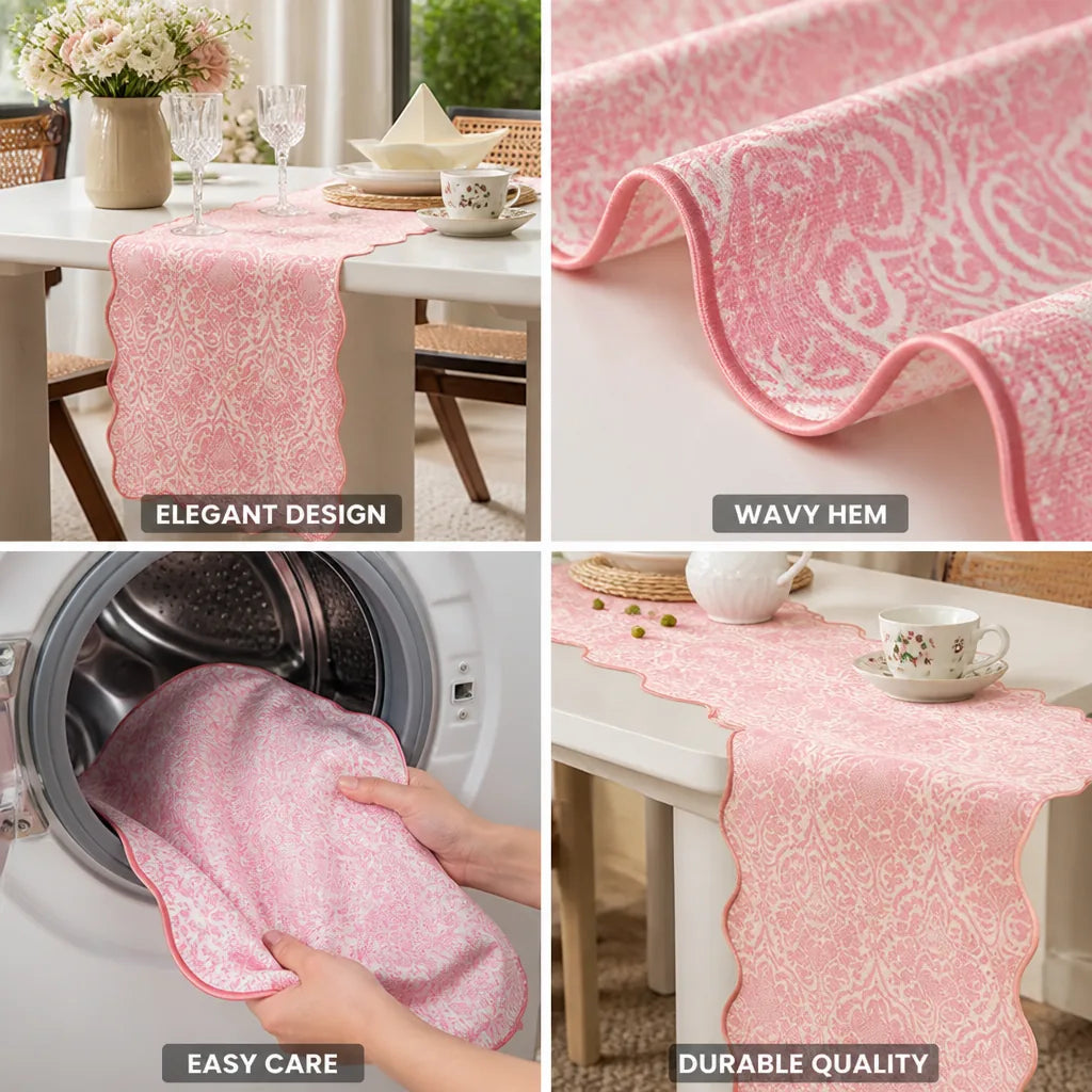 Table Runner Baroque Damask Wavy Hem Cotton-Polyester Blend