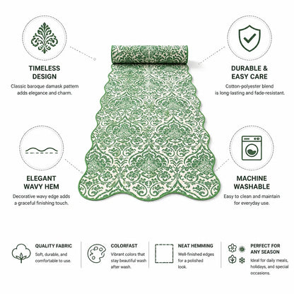 Table Runner Baroque Damask Wavy Hem Cotton-Polyester Blend