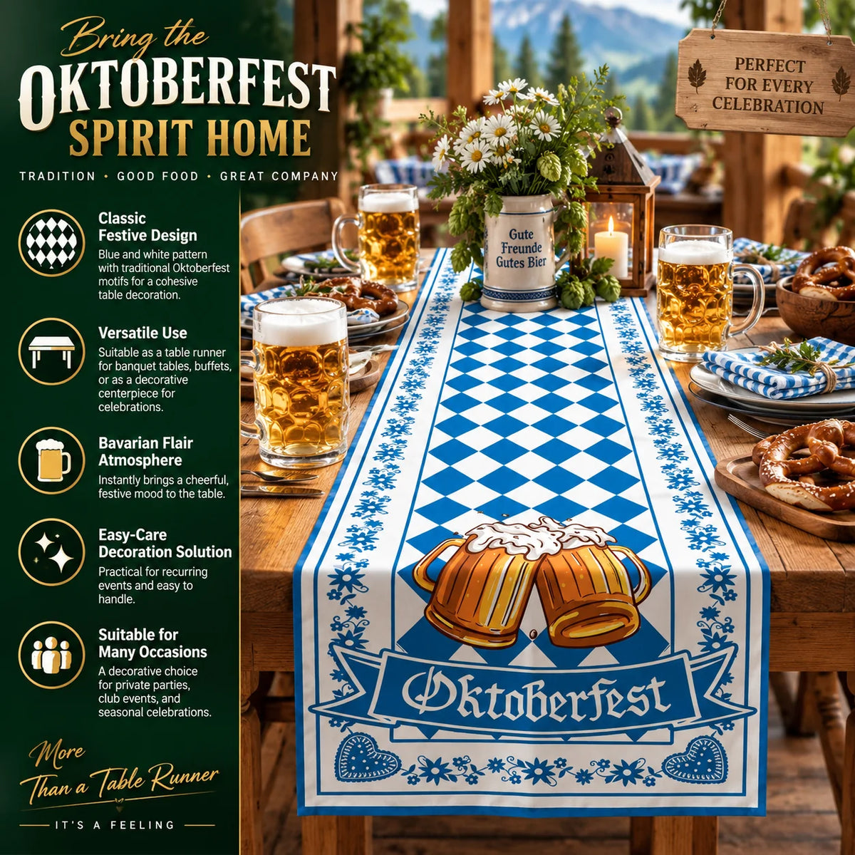 Table Runner Blue & White Bavarian Pattern Banquet Size
