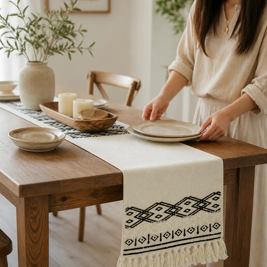 Table Runner Cotton Blend Ethnic Embroidery Fringe