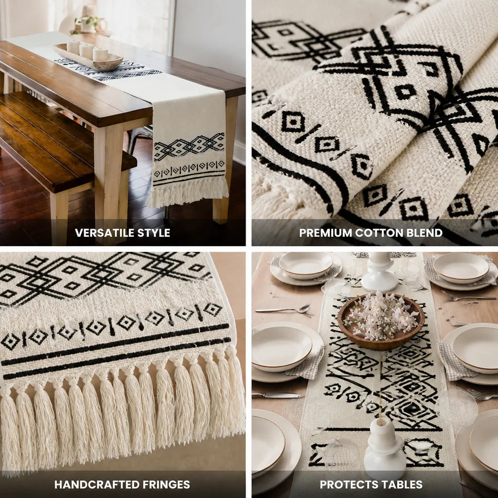 Table Runner Cotton Blend Ethnic Embroidery Fringe