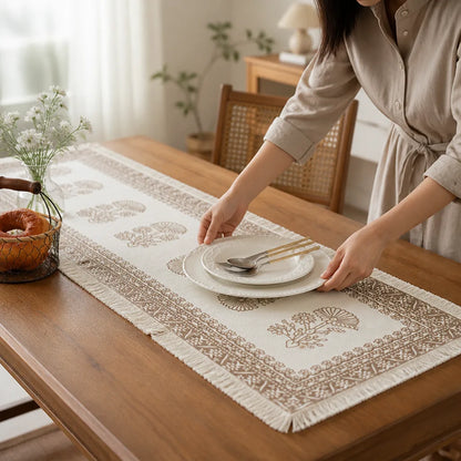 Table Runner Cotton Blend Floral Embroidery & Fringed Edges