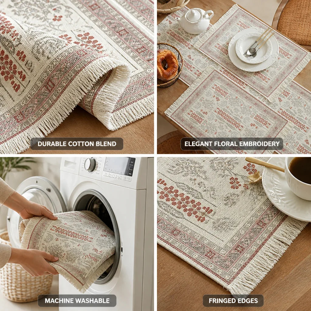 Table Runner Cotton Blend Floral Embroidery & Fringed Edges
