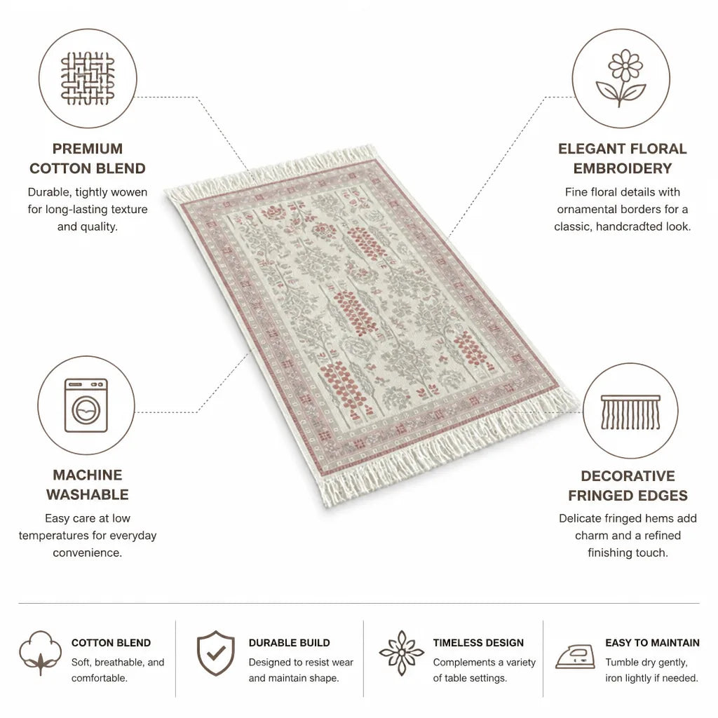 Table Runner Cotton Blend Floral Embroidery & Fringed Edges