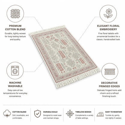 Table Runner Cotton Blend Floral Embroidery & Fringed Edges
