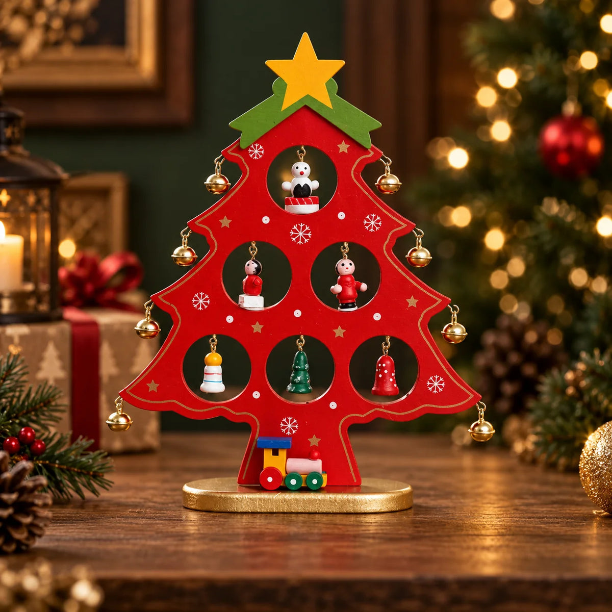 Tabletop Christmas Tree Kit Wooden Reusable Interchangeable Ornaments