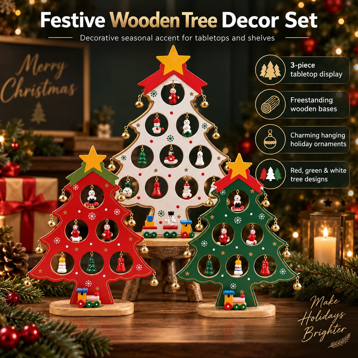 Tabletop Christmas Tree Kit Wooden Reusable Interchangeable Ornaments