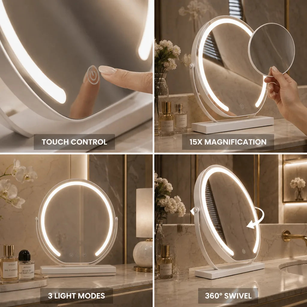 Tabletop Makeup Mirror 15x Magnification LED Touch Control