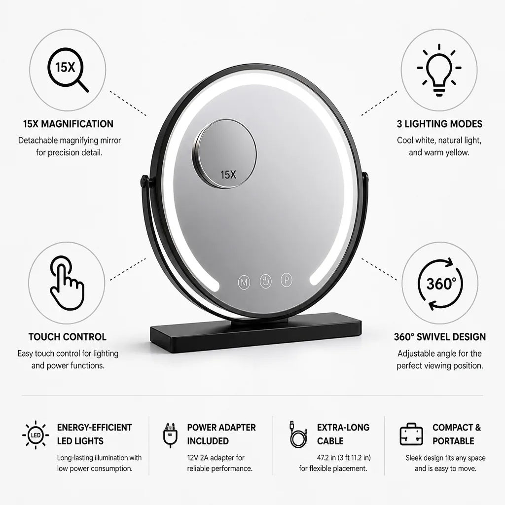 Tabletop Makeup Mirror 15x Magnification LED Touch Control