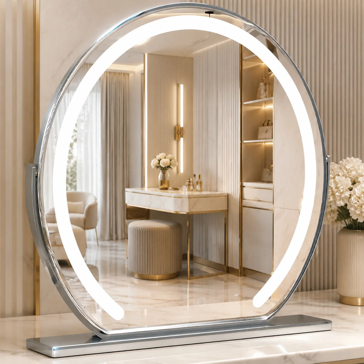 Tabletop Vanity Mirror LED Ring 360° Rotation USB Rechargeable