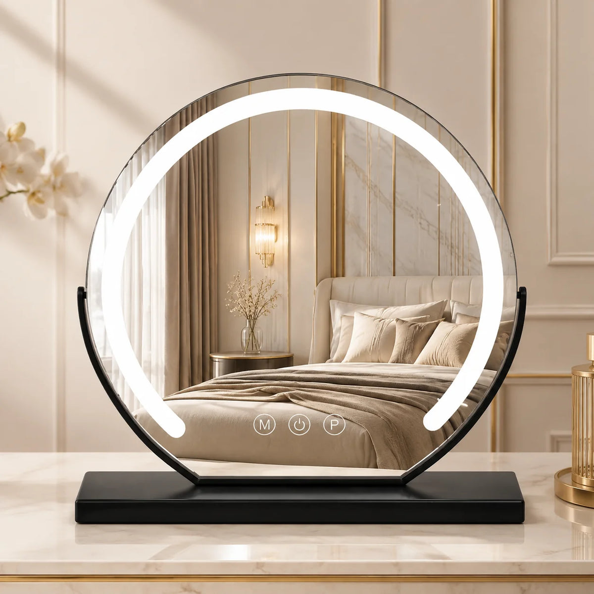Tabletop Vanity Mirror LED Ring 360° Rotation USB Rechargeable
