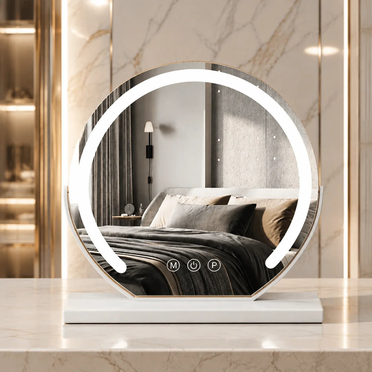 Tabletop Vanity Mirror LED Ring 360° Rotation USB Rechargeable