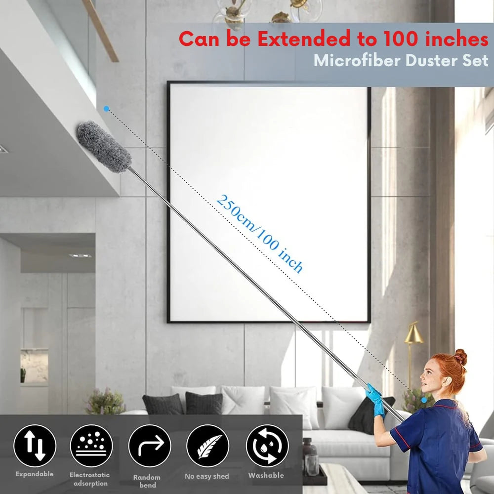 Telescopic Duster Extendable Stainless Steel Handle Washable Microfiber Head