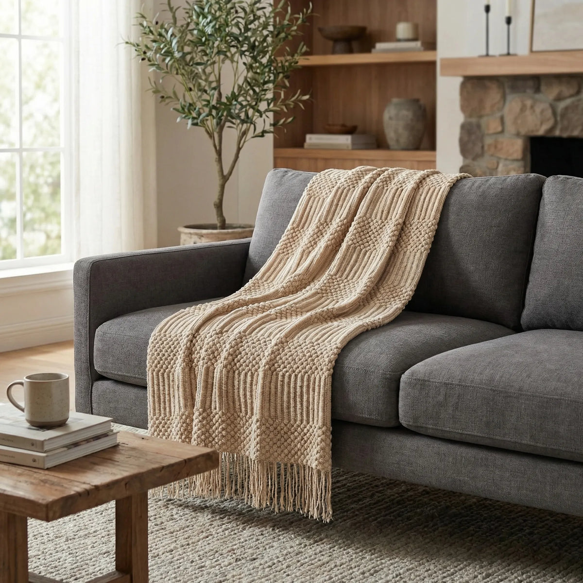 Throw Blanket Lightweight Textured Knit Fringe