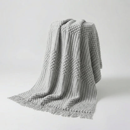 Throw Blanket Lightweight Textured Knit Fringe