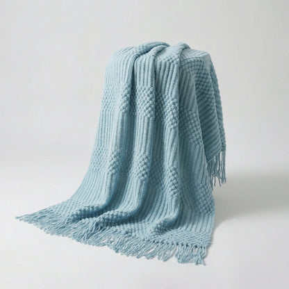 Throw Blanket Lightweight Textured Knit Fringe