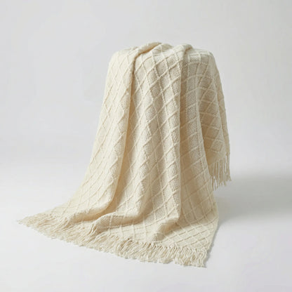 Throw Blanket Lightweight Textured Knit Fringe