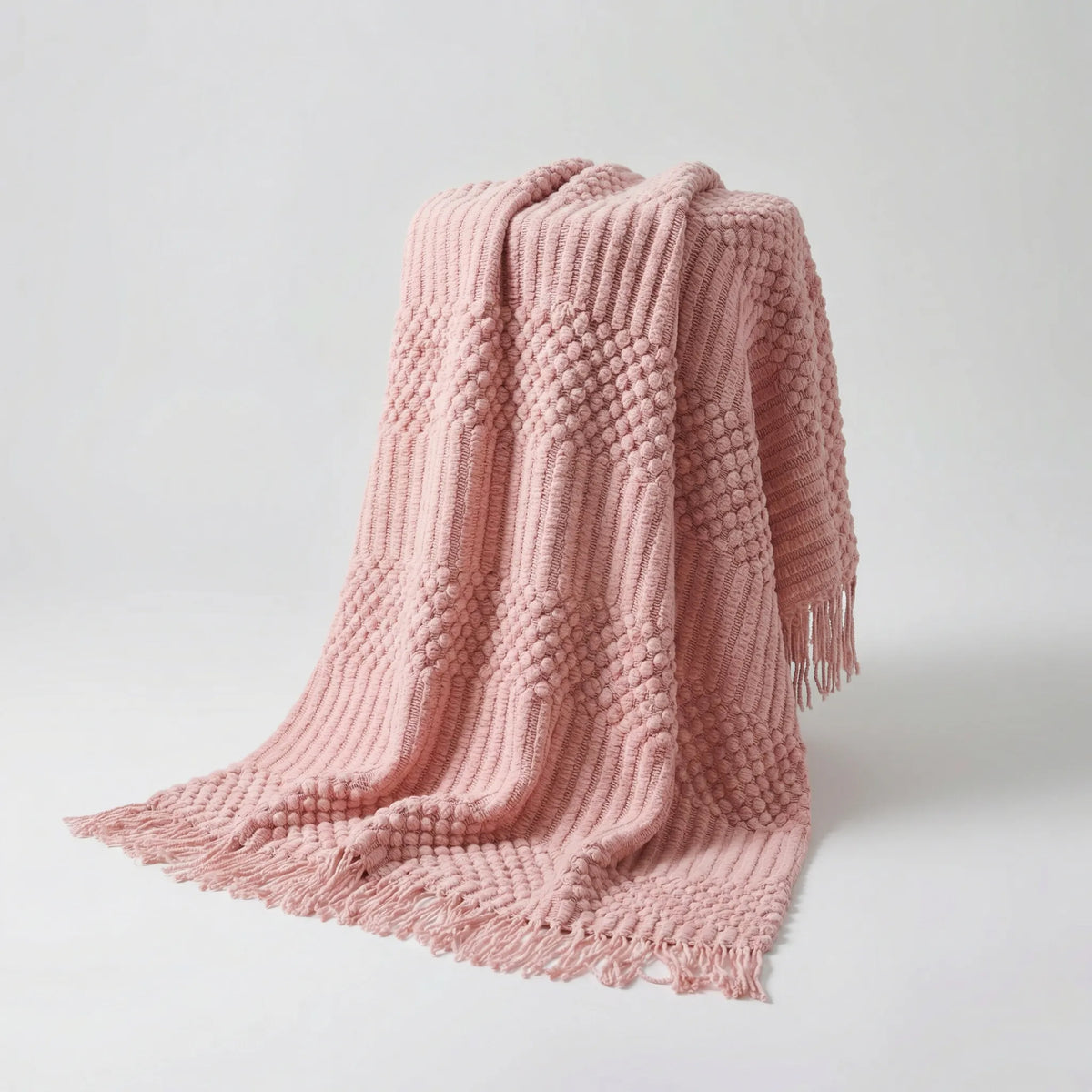 Throw Blanket Lightweight Textured Knit Fringe