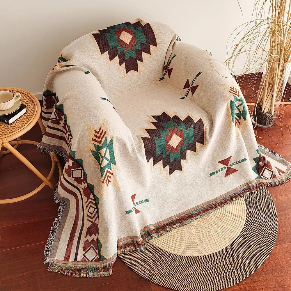 Throw Blanket Oversized Reversible Boho Aztec Cotton-Poly Blend
