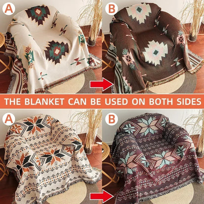 Throw Blanket Oversized Reversible Boho Aztec Cotton-Poly Blend