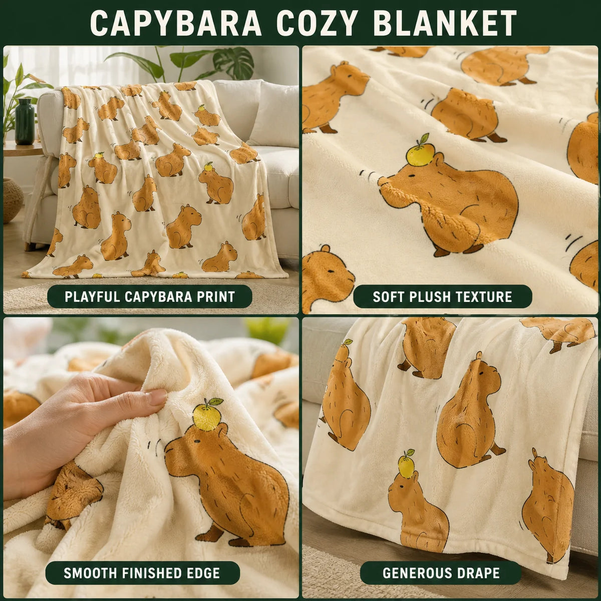 Throw Blanket Plush Dual-Brushed Flannel Capybara Print