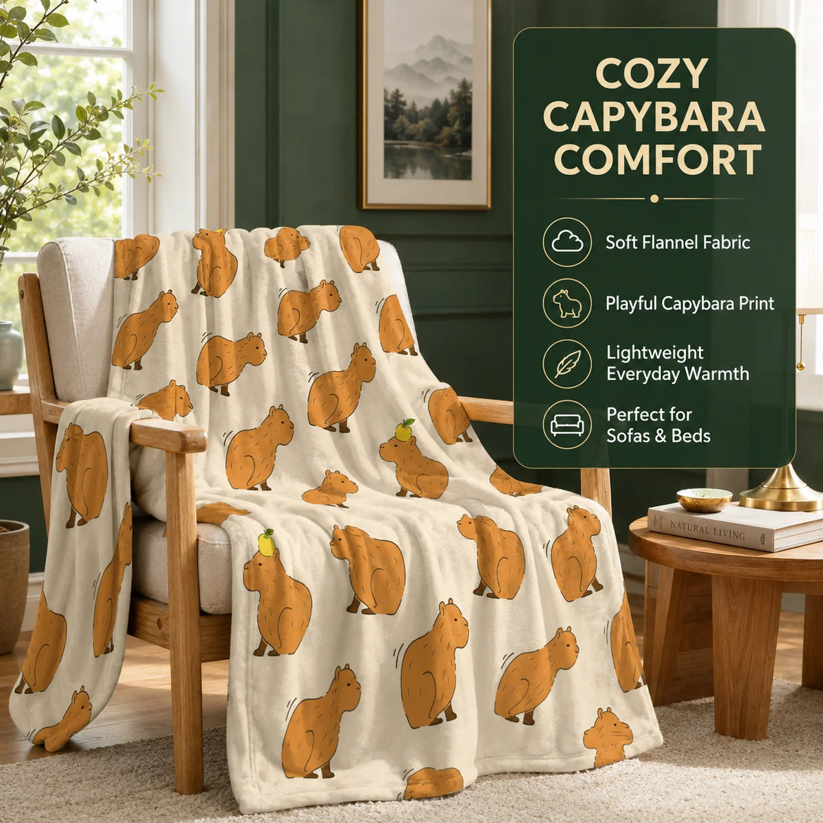 Throw Blanket Plush Dual-Brushed Flannel Capybara Print