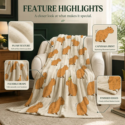 Throw Blanket Plush Dual-Brushed Flannel Capybara Print