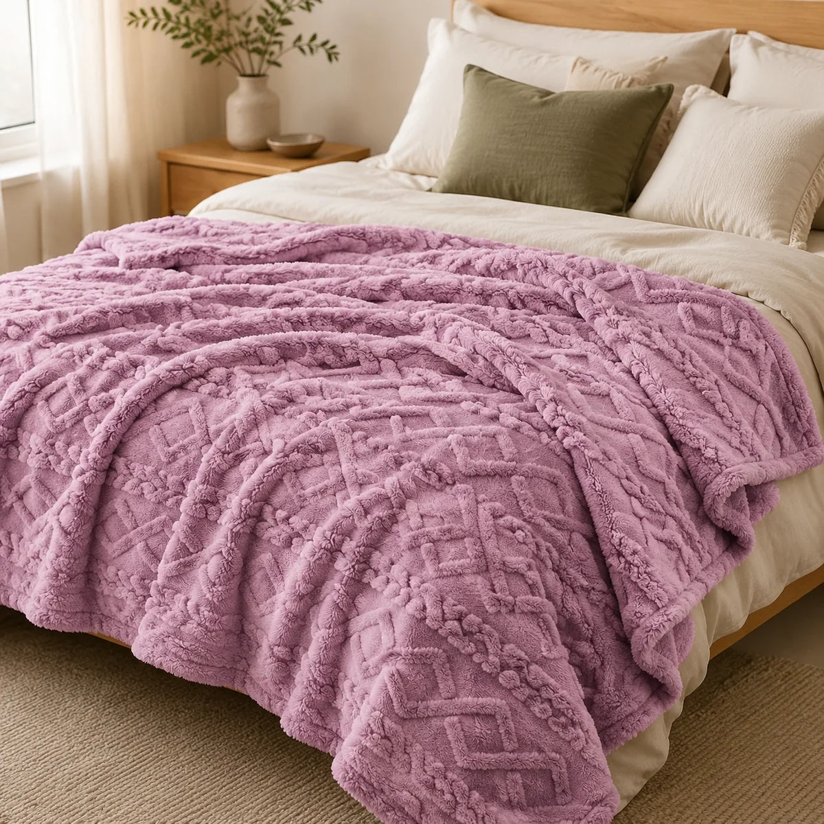 Throw Blanket Ruched Faux Fur Microfiber Blend