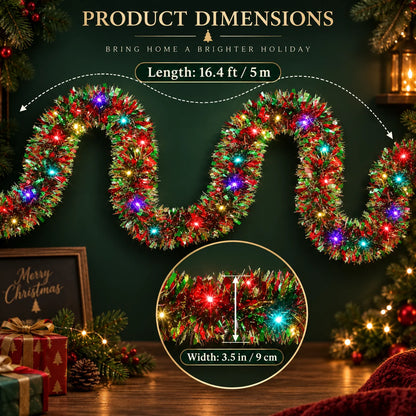 Tinsel Garland Battery-Operated Warm LED 16.4 Ft