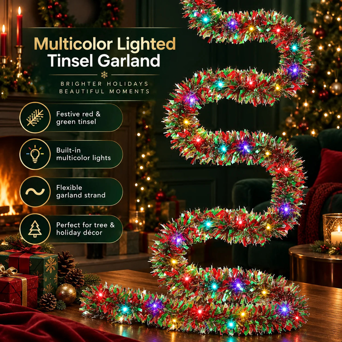 Tinsel Garland Battery-Operated Warm LED 16.4 Ft