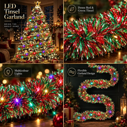 Tinsel Garland Battery-Operated Warm LED 16.4 Ft