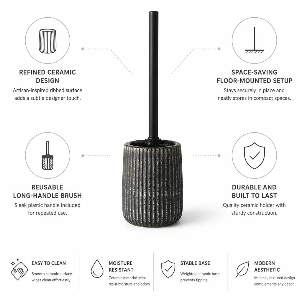 Toilet Brush Set Textured Ceramic Holder Floor Mounted