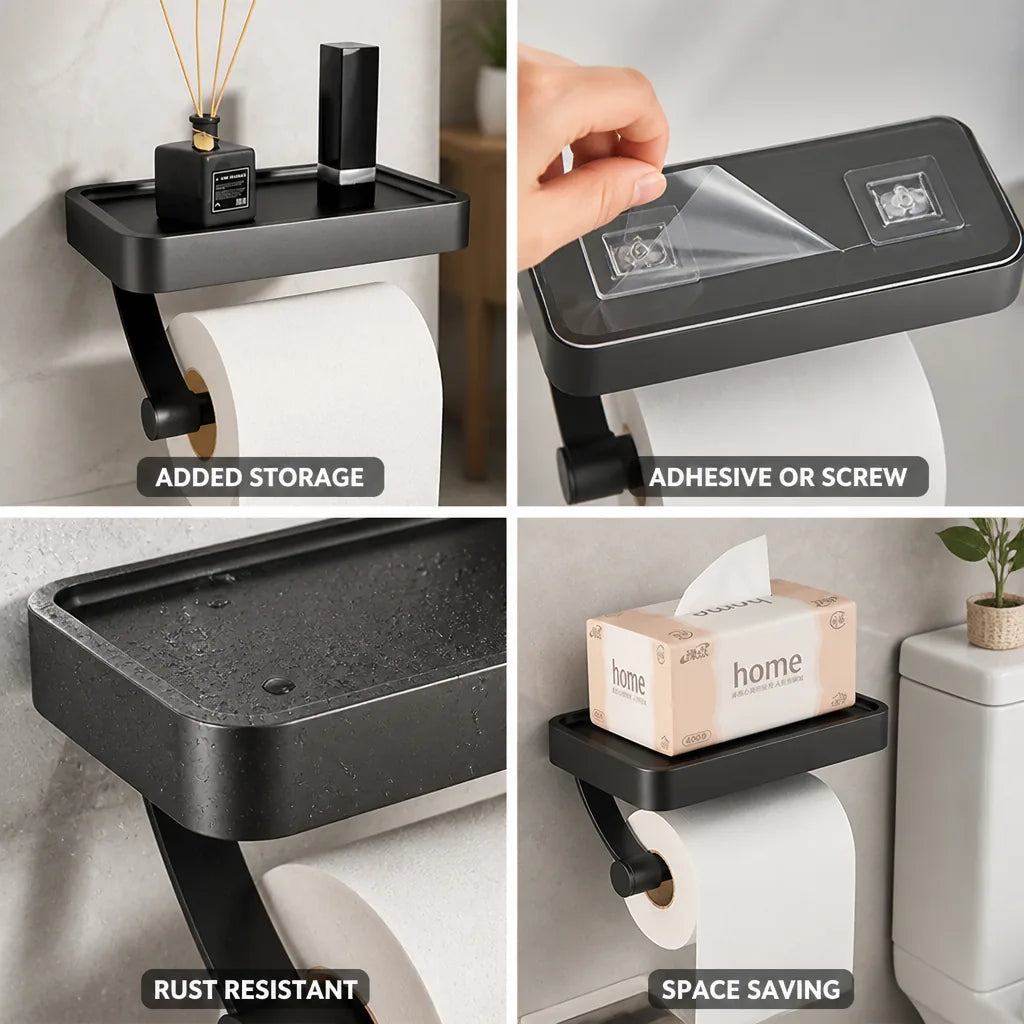Toilet Paper Holder Stainless Steel Shelf Adhesive & Screw