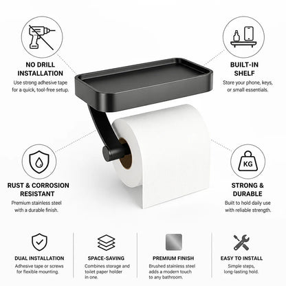 Toilet Paper Holder Stainless Steel Shelf Adhesive & Screw