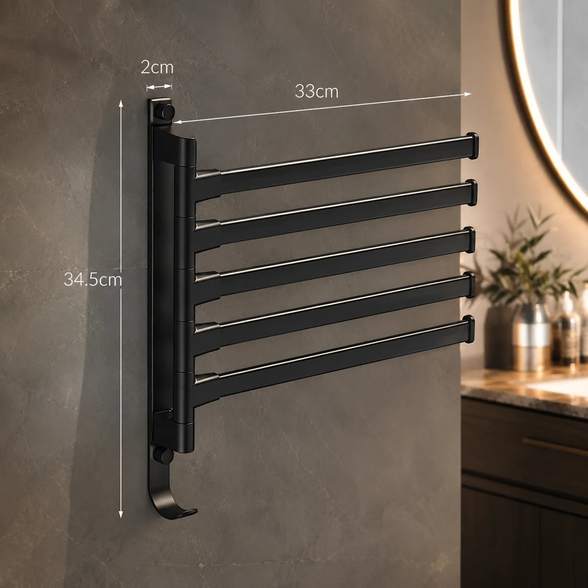 Towel Rack Wall-Mounted 5-Arm Swivel Matte Black