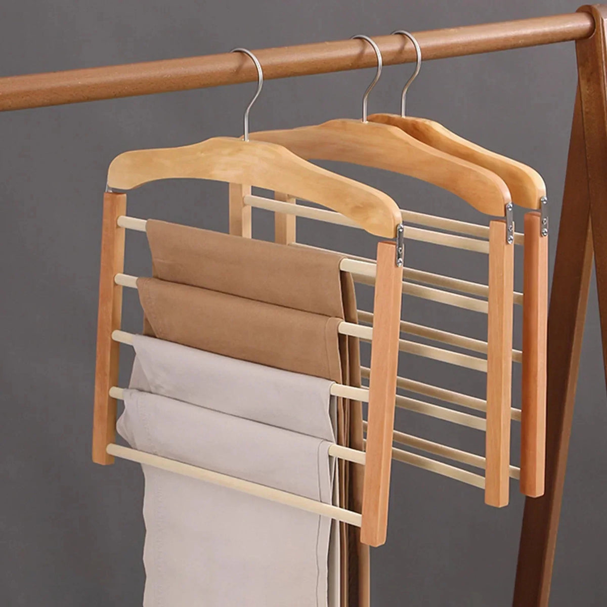Trouser Hanger Wooden Multi-Bar Space-Saving Design