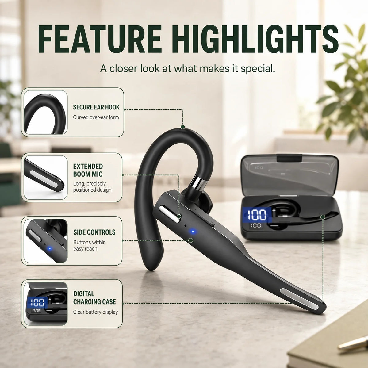 Trucker Bluetooth Headset Dual Mic Noise-Canceling 25-Hour Talk Time