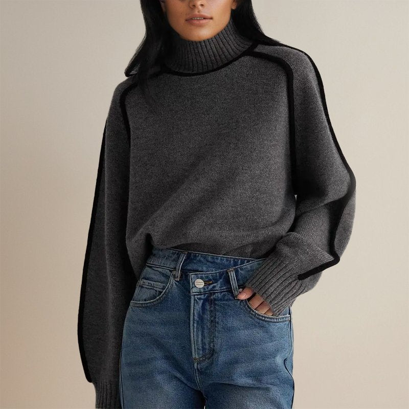 Turtleneck Sweater Color-Block Acrylic-Polyester Blend Regular Fit